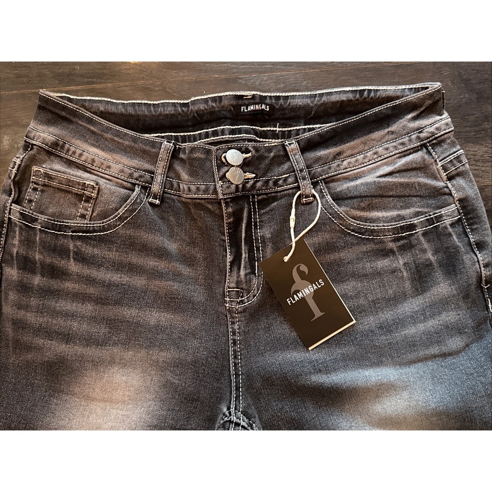 Flamingals Straight Leg Jeans Women 2XL Black NEW Distressed Mid-Rise 30.5 In - Picture 5 of 16